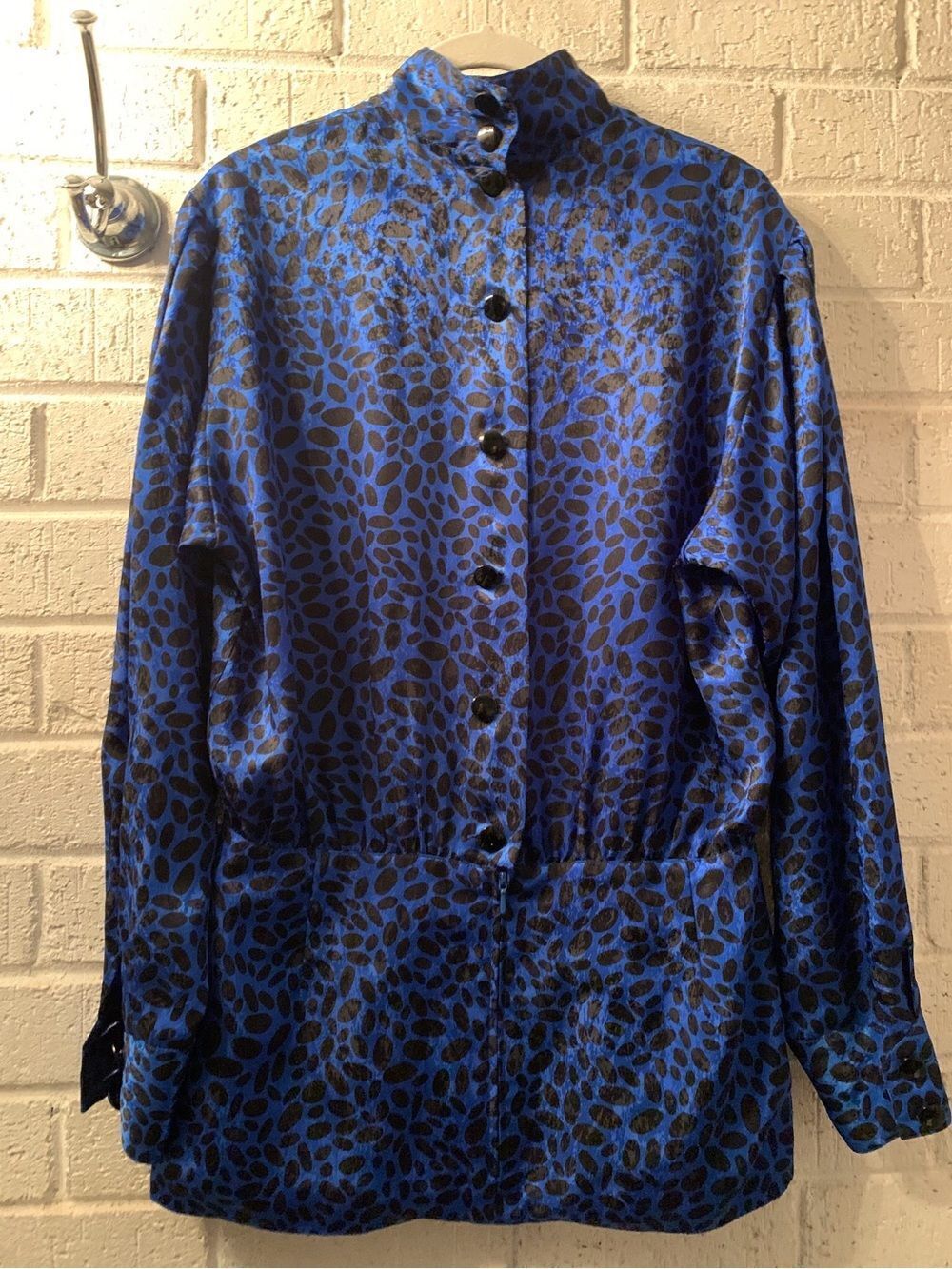 Louis Feraud Blue and Black Long-Sleeve Patterned Blouse
